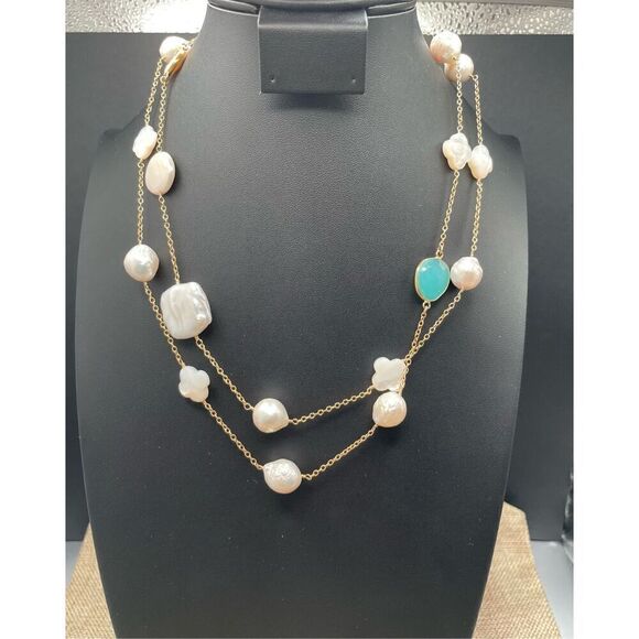 Freshwater Assorted Pearl Blue Stone Larimar Chain Long Necklace - Picture 1 of 8